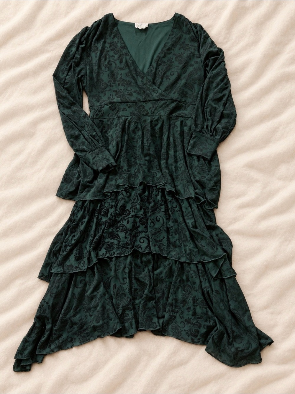 Women's Asymmetrical Tiered V-Neck Dress in Deep Green
